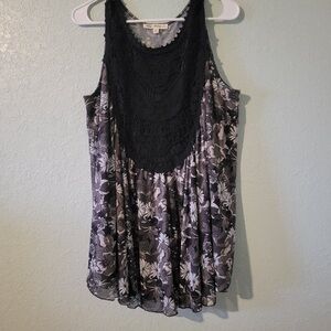 Indigo Thread Co Black Floral Sleeveless Crochet Flowy Boho Peasant Top. Size 1X
